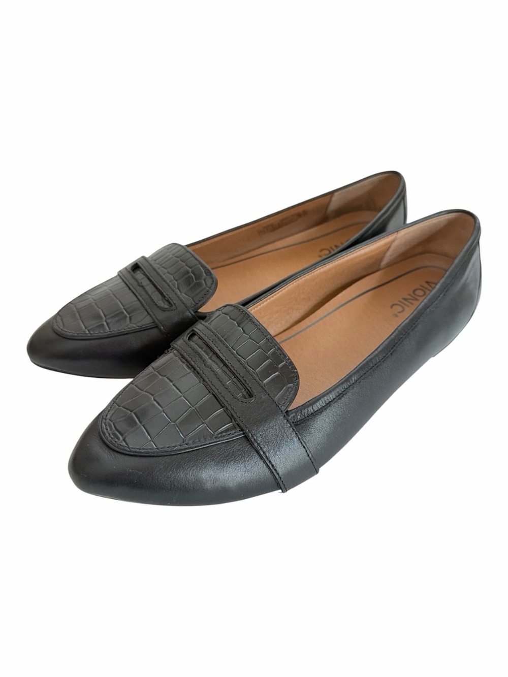 Vionic Savannah Black Croc-Embossed Pointed-Toe Leather Loafers - Women Size 11